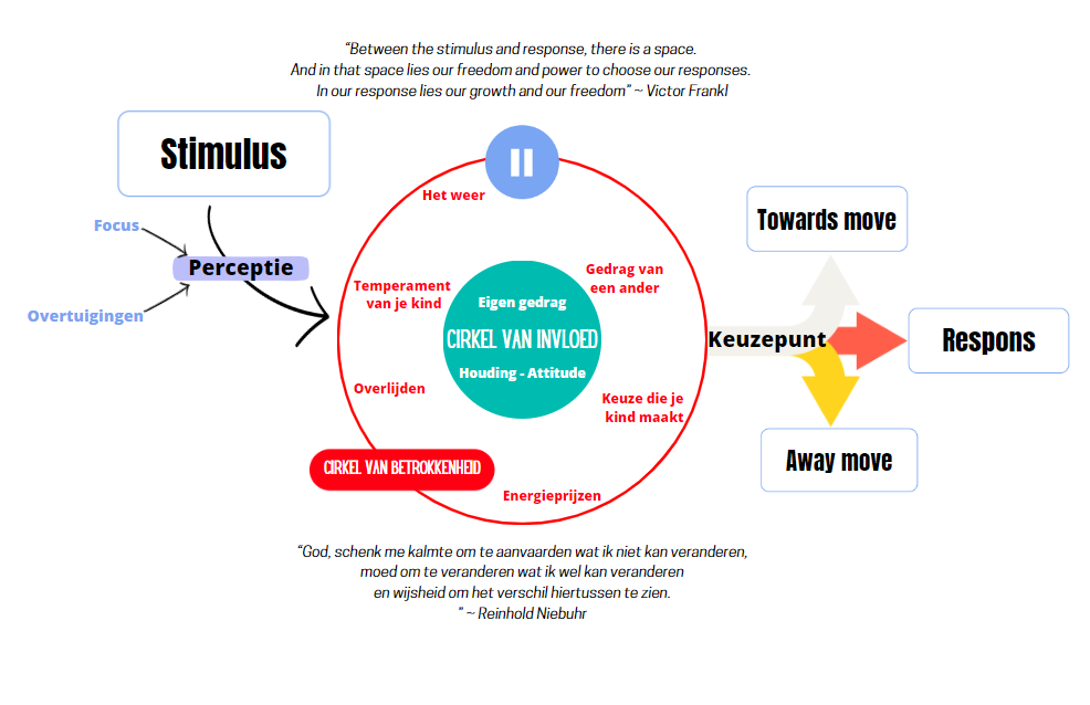 Afbeelding van de ruimte tussen stimulus en respons, aangevuld met de cirkel van invloed en cirkel van betrokkenheid en concrete voorbeelden. Toevoeging van het belang van focus en overtuigingen en het keuzepunt