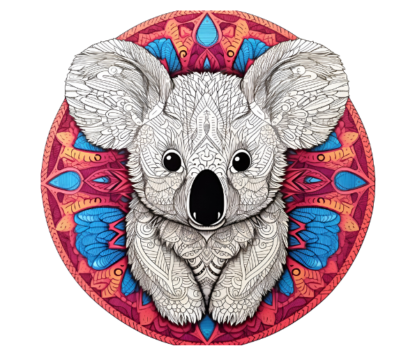 Afbeelding van een koala mandala dat half is ingekleurd als voorbeeld voor mindful kleuren.