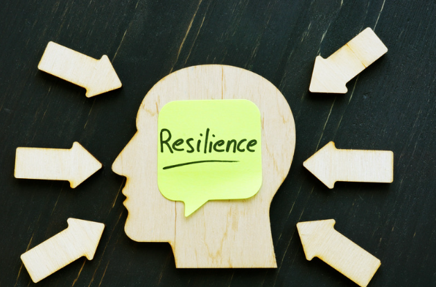 Hoofd met pijlen die wijzen naar resilience (emotie).