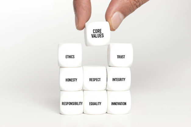 Dobbelstenen waarmee de waarden (core values) worden gebouwd.