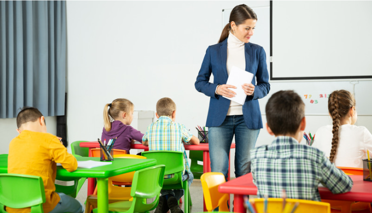 Juf staat voor de klas en geeft uitleg over emoties.