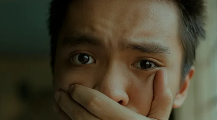 Een close-up van een gezicht dat intense verdriet en angst uitdrukt, symboliseert de emoties van een baling.