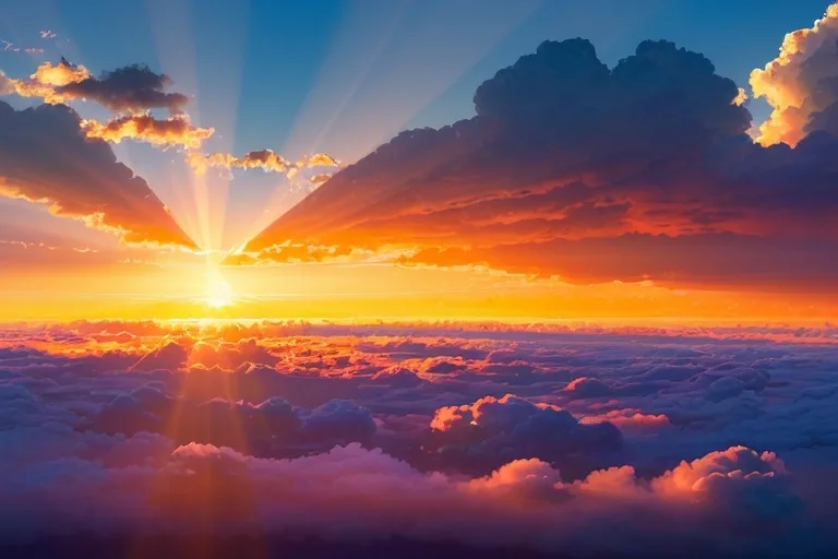 Een stralende zon die door de wolken breekt, waardoor de heldere blauwe lucht zichtbaar wordt.