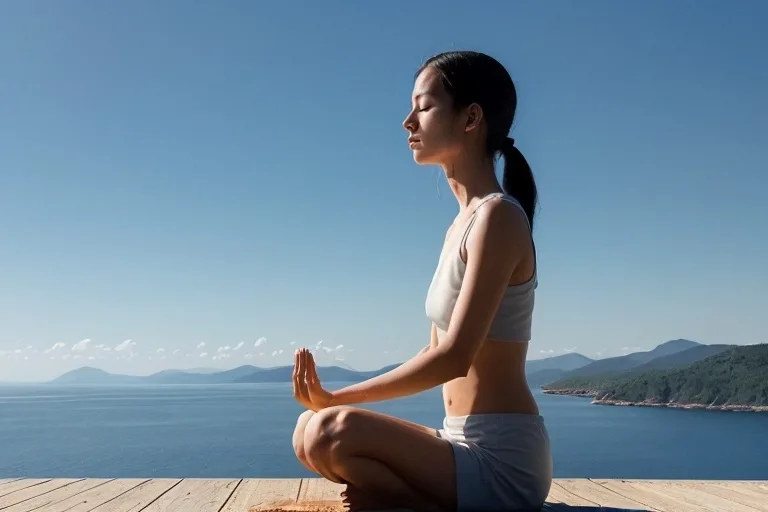  Een kalm persoon die in meditatie zit, met de heldere blauwe lucht op de achtergrond.
