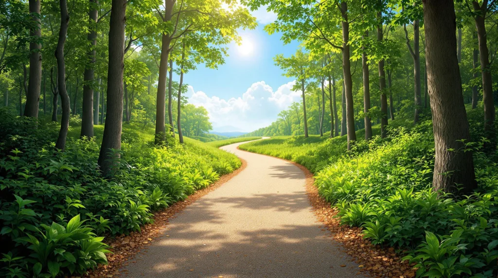 Een pad in een bos of berglandschap dat geleidelijk omhoog loopt, eindigend in een heldere, zonnige horizon.